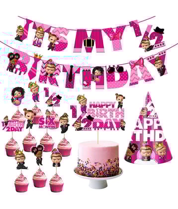 Zyozi Baby Girl's Boss Half Birthday Theme Party Supplies for Girls Baby Half Birthday Decorations Favors with Banner,Cake Topper ,Birthday Cap and Cup Cake Toppers( Pack of 13)