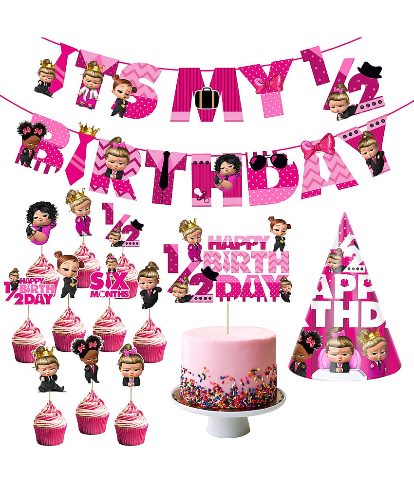 Zyozi Baby Girl's Boss Half Birthday Theme Party Supplies for Girls Baby Half Birthday Decorations Favors with Banner,Cake Topper ,Birthday Cap and Cup Cake Toppers( Pack of 13)