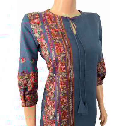 Embroidered Cotton Short Kurta with Tie-up neck & Pleated Sleeves,  Iris blue, KW1045-XL