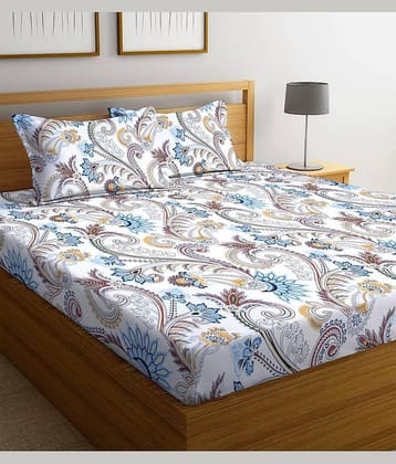 SHOMES Cotton Floral Fitted 1 Bedsheet with 2 Pillow Covers ( Double Bed ) - Cream