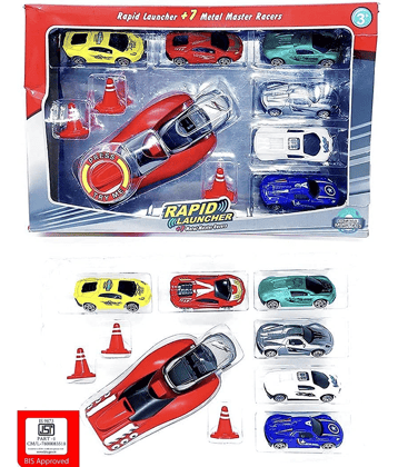VBE Rapid Launcher Play Set Toy with 7 Die Cast Metal Stunt Car and Master Racers Racing Sports Rapid Launcher with 3 Stoppers Best Toy Gift for Kids (Multi-Color)
