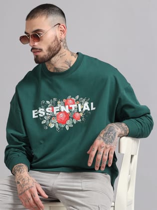 Men Printed Oversized Sweatshirt Pure Cotton Terry Fabric Full Sleeve-XS / Green