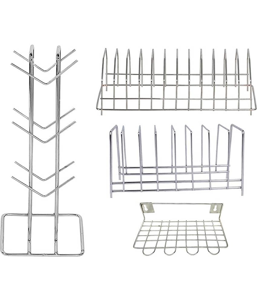 JISUN - Silver Stainless Steel Dish Racks ( Pack of 4 )