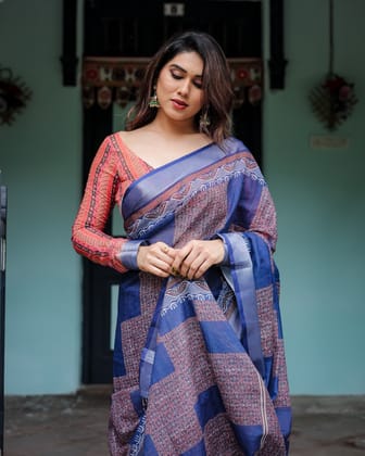 Navy Blue & Red Pure Cotton Linen Saree with Blouse and Tassels on Edges-Regular