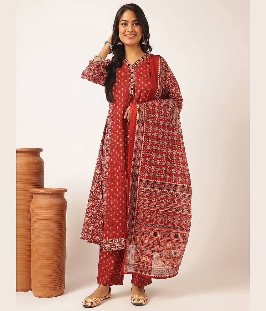 Vbuyz Women Cotton Printed A-line Kurti With Pants ( Maroon )