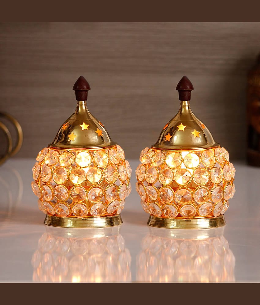 eCraftIndia Set of 2 Crystal And Brass Akhand Diya