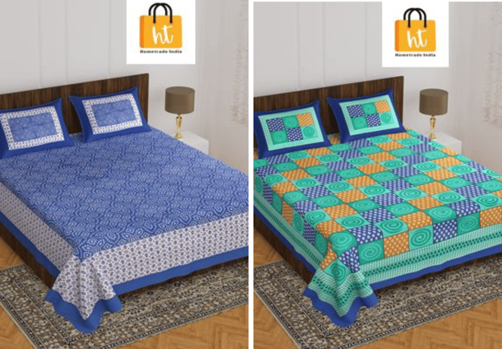 3001-Hometrade India-Standard King Size (90*108 Inches)-Pure Cotton Jaipuri Double Bedsheet With Matching Pillow Cover