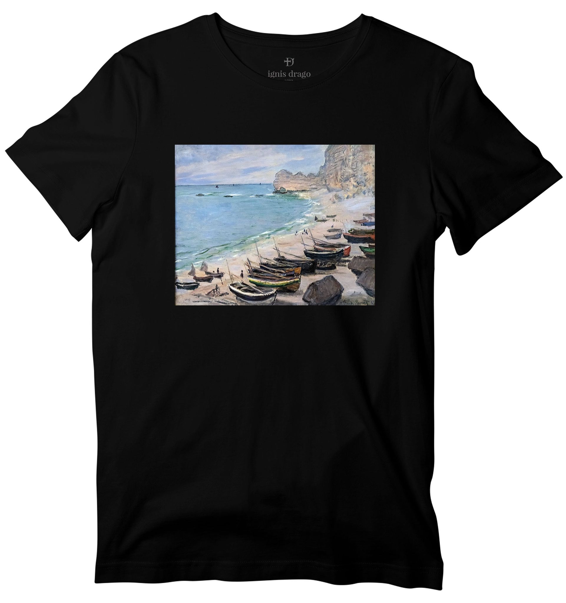 Boats on The Beach at Étretat Art T-shirt-36 - XS / Black