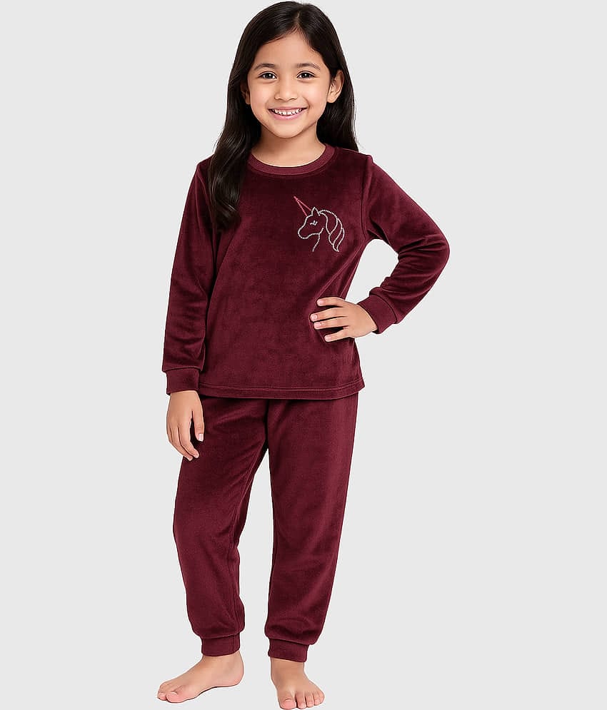 Kuchipoo Pack of 1 Girls Velvet T-shirt & Trackpants ( Maroon )