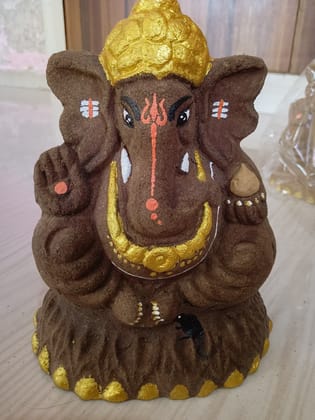 Brown Ganpati Idol (Standard Size) | Seated Ganesha Murti with Golden Crown & Mooshak | For Home Pooja Mandir & Decor | Eco-Friendly