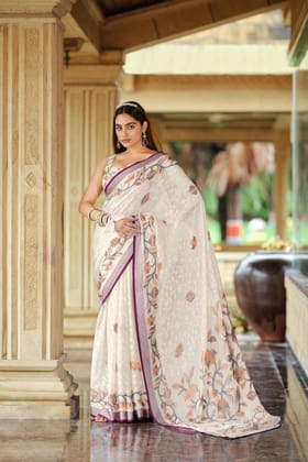 Wine And Creamy Jamdani Soft Silk Saree