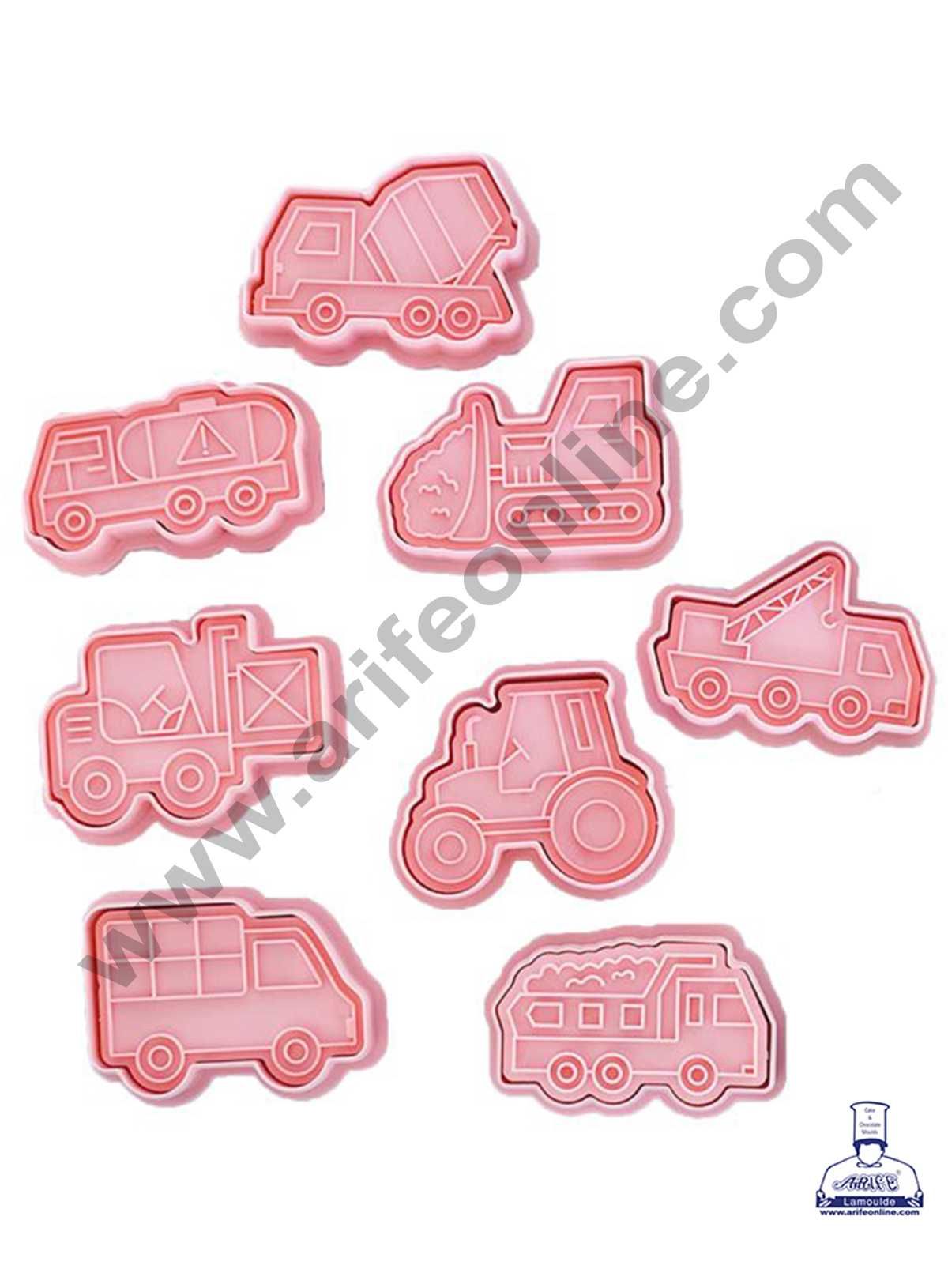 CAKE DECOR™ 8 Pcs Construction Vehicles Plastic Biscuit Cutter 3D Cookie Cutter ( SBCK-27 )