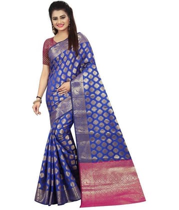 Gazal Fashions Banarasi Silk Embellished Saree With Unstitched Blouse Piece ( Blue )