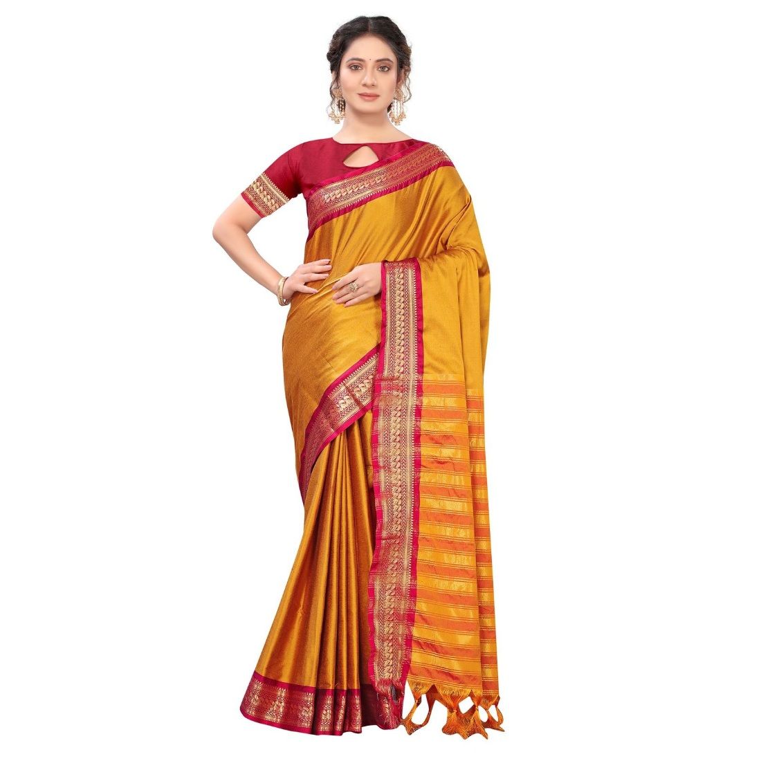 Generic Women's Cotton Silk  Saree with Blouse (Yellow, 5 - 6 Mtrs)