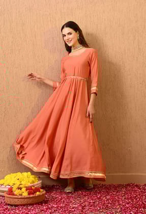 Peach Solid Gown Dress-S / Peach
