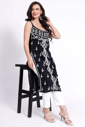 The Chikankari Story Hand-Embroidered Pure Modal Fabric Lucknowi Chikankari Noddle Strap Black Kurta kurti having Traditional 3D Motifs Work.-S
