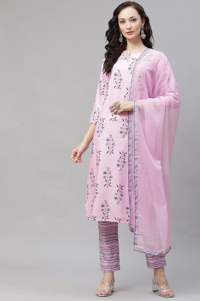 Pink Polyester Floral Print Straight Suit Set PKSKD1045 - Kurtas & Kurta Sets | Buy online on ZillyBuy