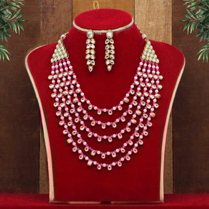 Rani Color Kundan Necklace Set (KN201RNI)-Adjustable Rope / Pink / Alloy With Good Quality Gold Plated