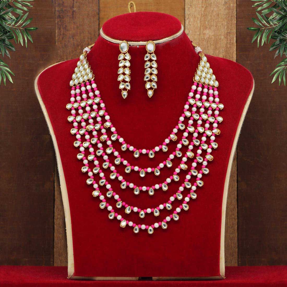 Rani Color Kundan Necklace Set (KN201RNI)-Adjustable Rope / Pink / Alloy With Good Quality Gold Plated