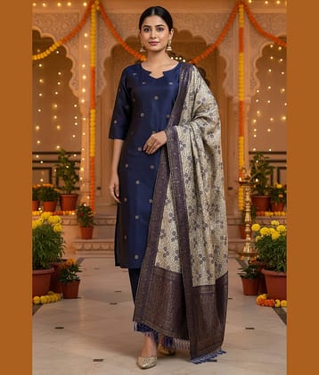 kedar fab Women Silk Blend Self Design Straight Kurti With Pants ( Blue )