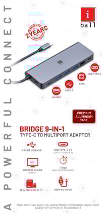 iBall Bridge 9-in-1 Type-C Multiport Adapter (Aluminium Housing Case)