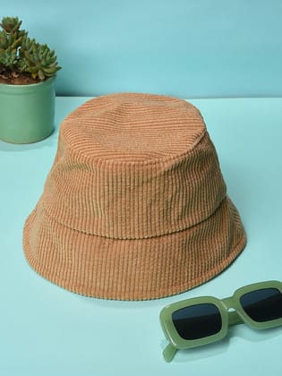 Beige Solid Corduroy Bucket Hat-Hat