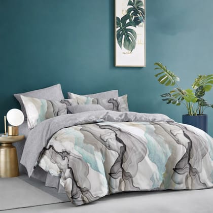 Grey & Teal Marble Queen Size Bedsheet with 2 Pillow Covers | Soft Cotton Double Bed Sheet