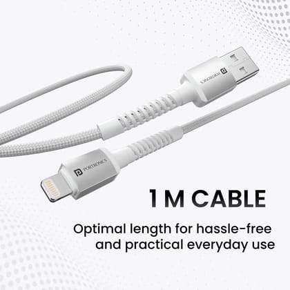 Portronics Konnect X USB-A to 8-Pin Fast Charging Cable | 3A High-Speed Charge & Data Sync Cable | Nylon Braided, Aluminium Alloy Connectors, 1 Meter Durable Cable for iPhone, iPad & 8-Pin Devices (White or Black) Portronics Konnect X USB-A to 8-Pin Fast Charging Cable | 3A High-Speed Charge & Data Sync Cable | Nylon Braided, Aluminium Alloy Connectors, 1 Meter Durable Cable for iPhone, iPad & 8-Pin Devices (White or Black)