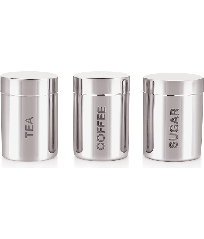 ATROCK Storage Canister Steel Silver Tea/Coffee/Sugar Container ( Set of 3 )