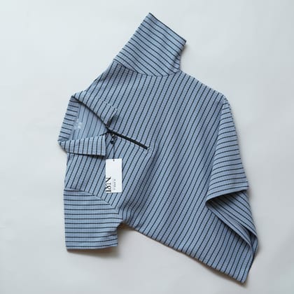 Men’s Zipper T-Shirt Camelet Checks Fabric | Striped Pattern | Light Teal-M