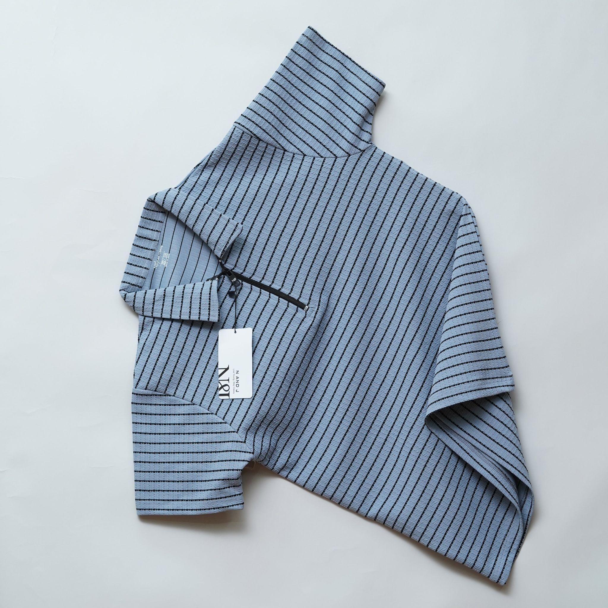 Men’s Zipper T-Shirt Camelet Checks Fabric | Striped Pattern | Light Teal-M