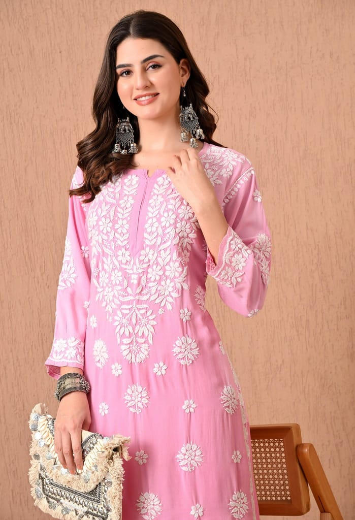 Hand Embroidered Chikankari Plazo Set 3d Work- Pink