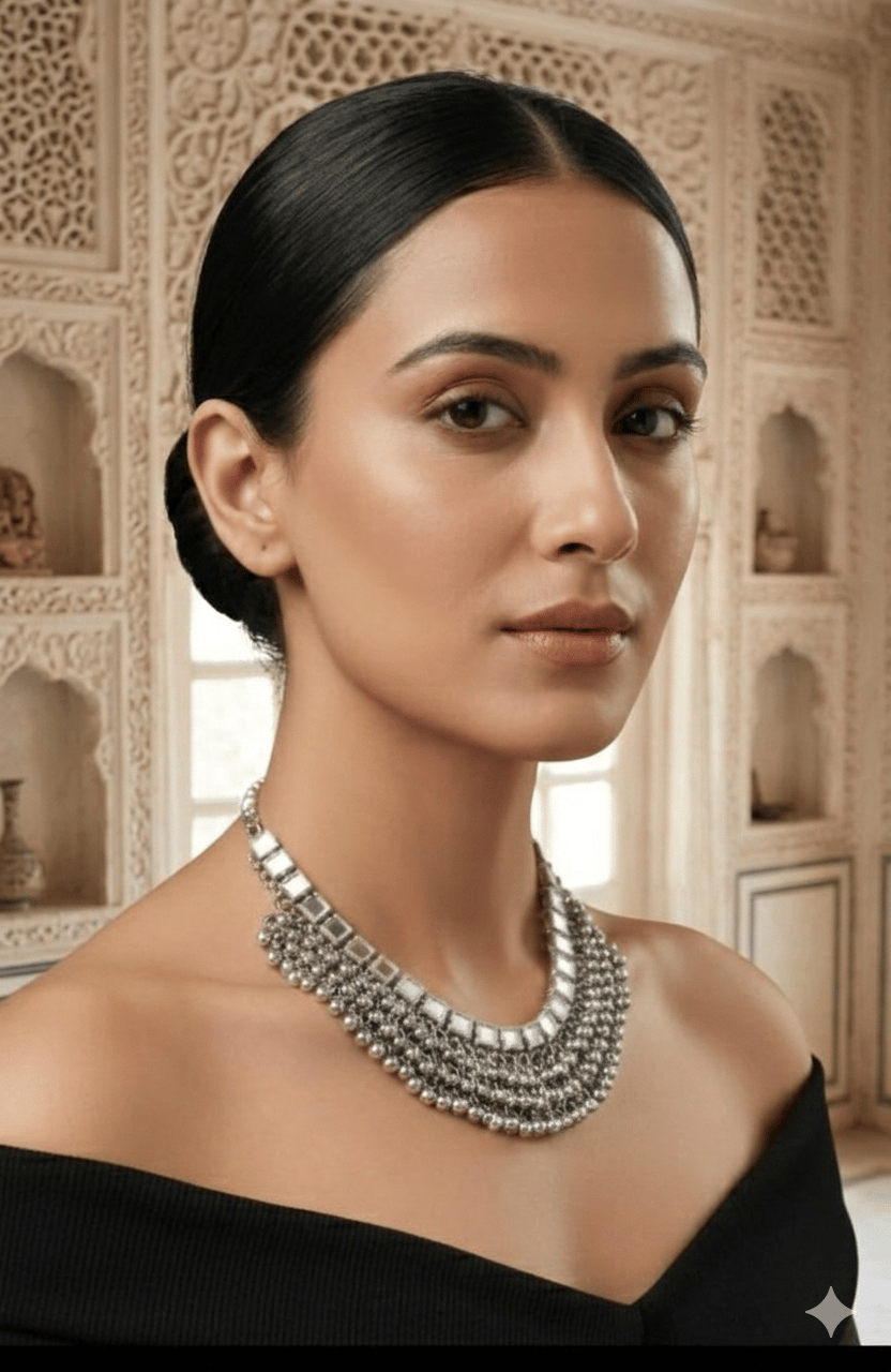 MF Oxidised Silver Layered Statement Necklace for Women | Contemporary Ethnic Party Wear Jewellery