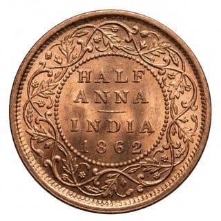 Half Anna 1862 Victoria Queen, British India old Copper Coin Silver Heritage