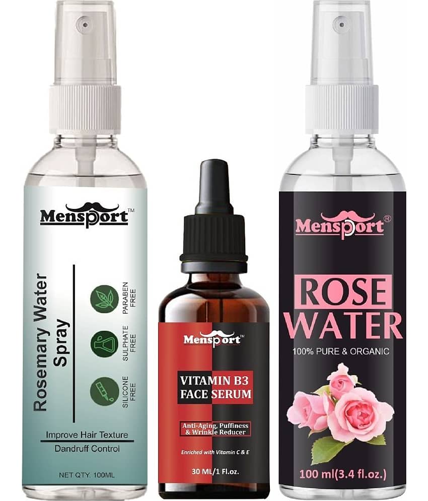 Mensport Rosemary Water | Hair Spray For Hair Regrowth 100ml, Vitamin B3 Face Serum Enriched with Vit C & E 30ml & Natural Rose Water 100ml - Set of 3 Items