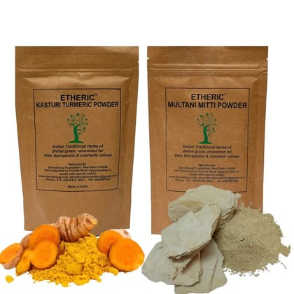 Etheric Kasturi Turmeric & Multani Mitti Powder For Skin Whitening & Face Pack ( 2x100 Grams) Etheric Kasturi Turmeric & Multani Mitti Powder For Skin Whitening & Face Pack ( 2x100 Grams)