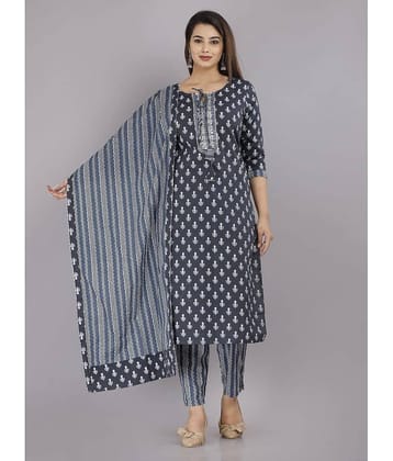 JC4U Cotton Printed Kurti With Pants Women's Stitched Salwar Suit - Navy ( Pack of 1 )
