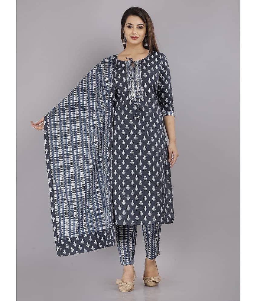 JC4U Cotton Printed Kurti With Pants Women's Stitched Salwar Suit - Navy ( Pack of 1 )