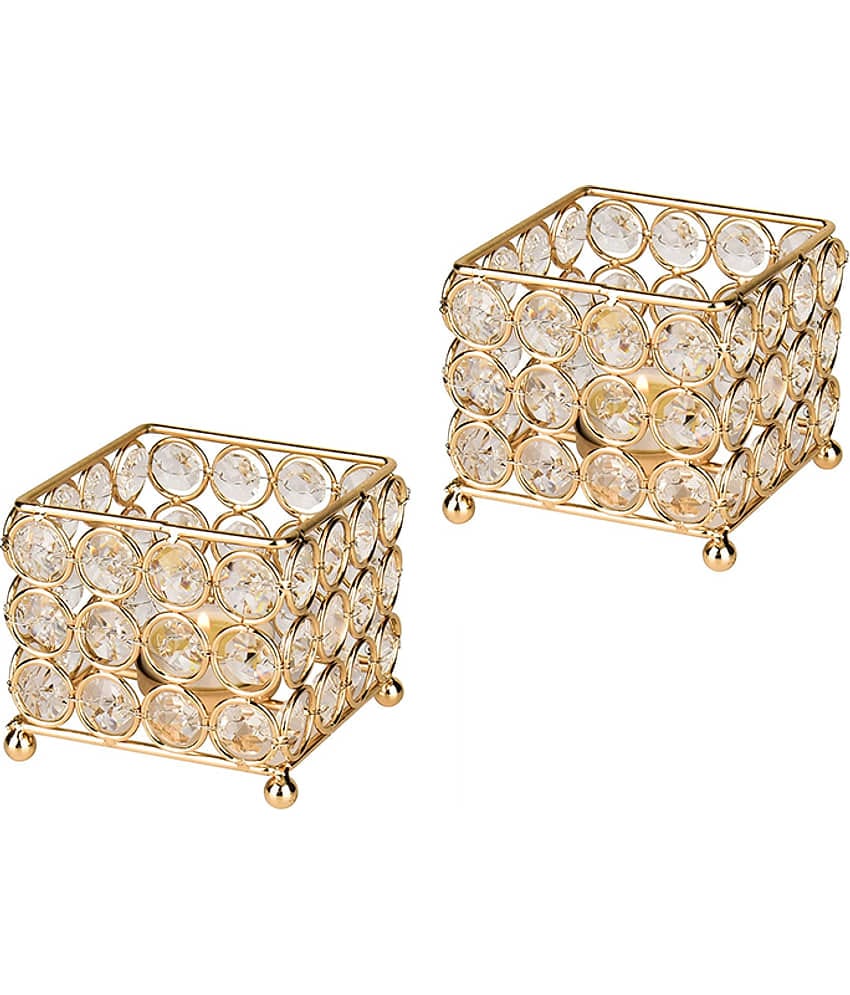 Arsalan Gold Table Top Crystal Tea Light Holder - Pack of 2