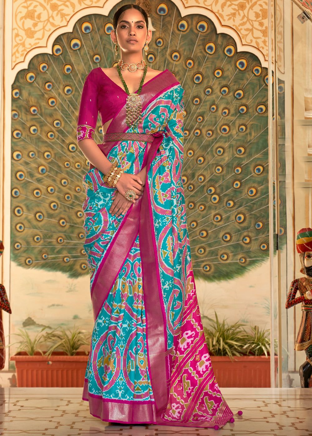 Blue And Pink Printed Patola Silk Saree