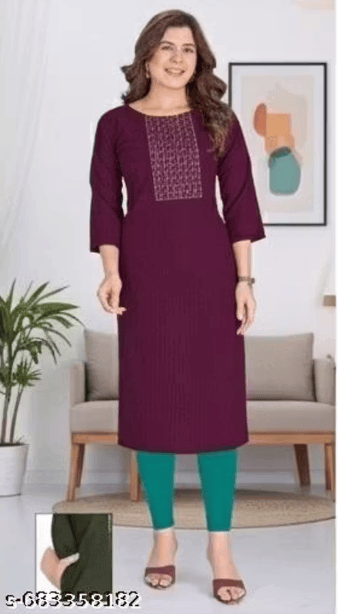 Women Stylish Embroidered Kurti Pocket | Knee Length Straight Fit Kurta | Traditional & Office Wear | Purple