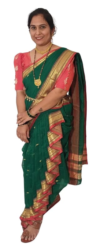 Mom And Me Green Cotton Mastani Nauwari Saree (Free Size) | With Blouse Piece | Festive