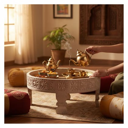 Wooden Handmade Round Gray Chakki Coffee Table with Storage