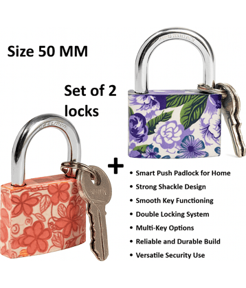 Pack of 2 locks, 50MM Size Smart Push Padlock for Home Main Door and Gate | Heavy Duty Iron Security Pad locks with 3 Keys | Tala Chabi lock for Home | Strong, Durable, Stylish Design for Indoor & Outdoor Use padlocks