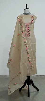Kota Doria Cotton-Silk Dress Material, Gota Patti, Biscuit Floral