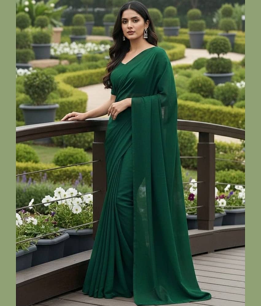 Suntex Georgette Solid Regular Saree With Unstitched Blouse Piece ( Green )