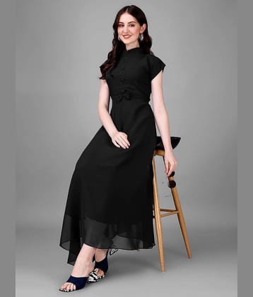 Femvy Women Georgette Solid Fit & Flare Dress ( Black )