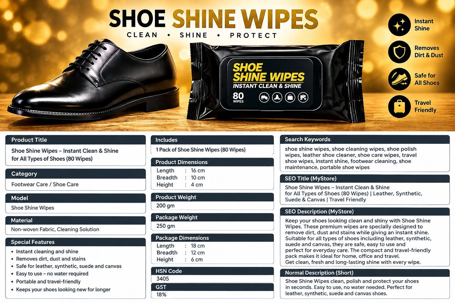 Shoe Cleaning Wipes | Instant Shoe Cleaner & Shine Wipes | Pre-Moistened Cleaning Wipes for Shoes & Accessories