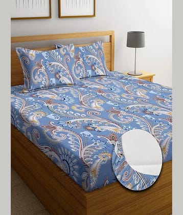 SHOMES Cotton Floral Fitted 1 Bedsheet with 2 Pillow Covers ( Double Bed ) - Blue