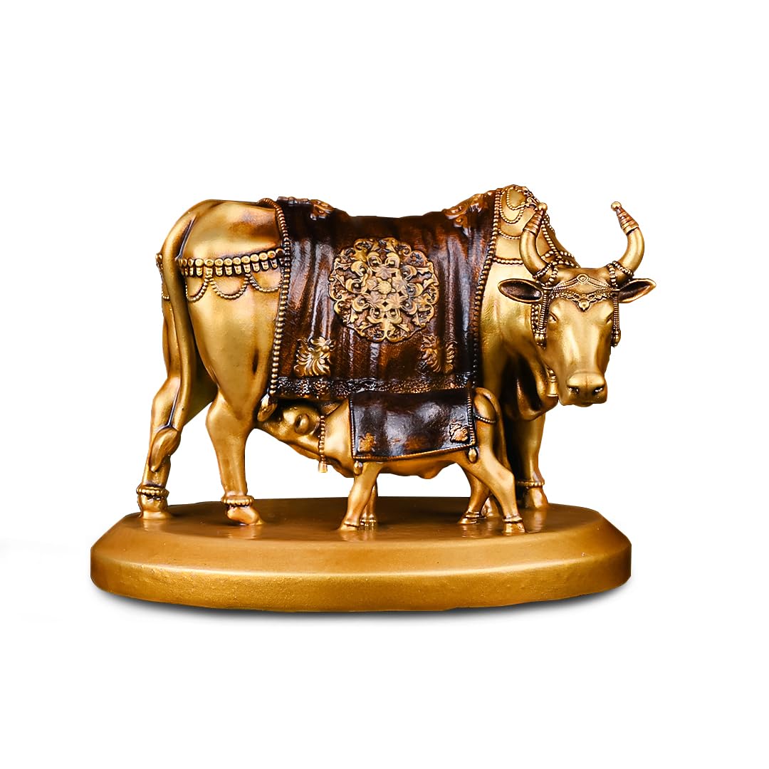 Artarium Handcrafted Holy Kamdhenu Cow with Calf Statue Vastu Rectification Resin Fengshui Figurine for Car Dashboard Home Deocration Gifting Good Luck Prosperity Happiness (3 Inch)